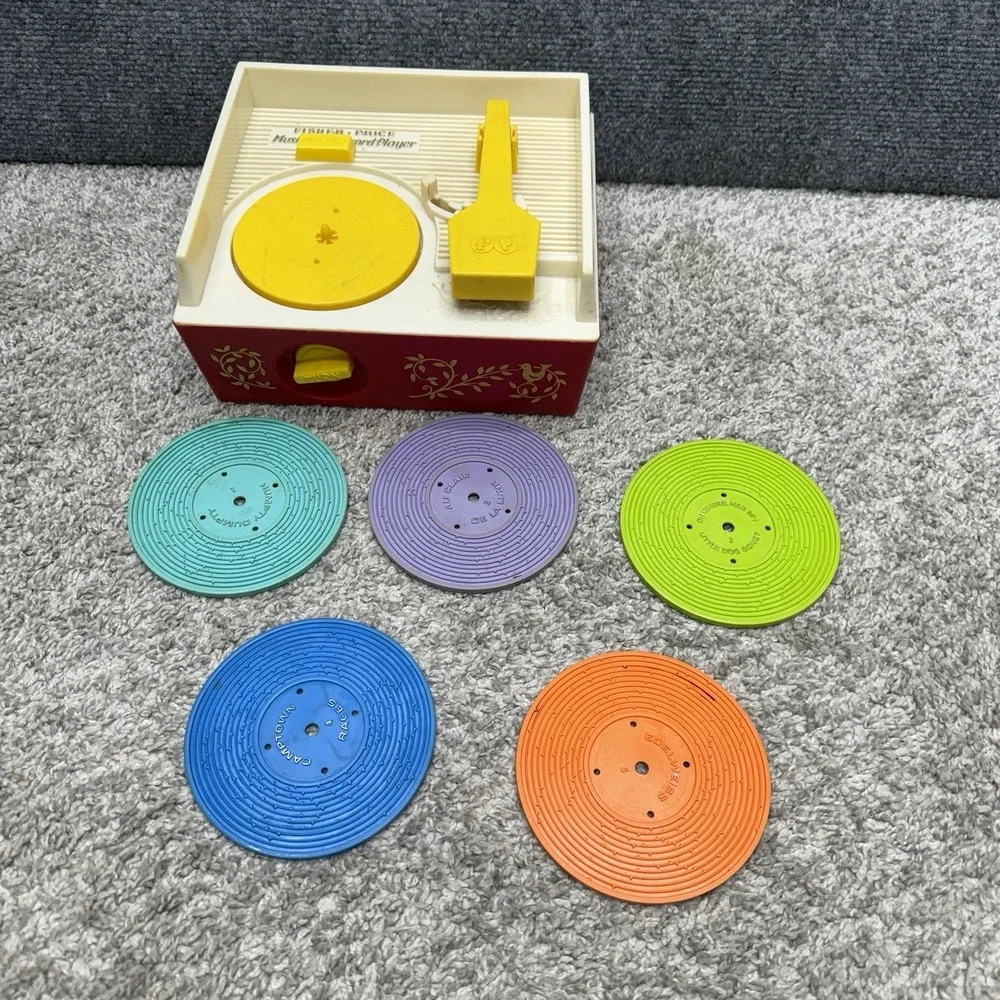 Vintage 1971 Fisher Price Music Box Record Player Toy 5 Record Disks 995 Works